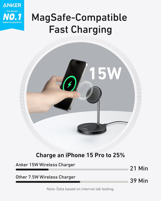 Magsafe Compatible Maggo Charger Stand, Iphone 16 Wireless Charger, 2-In-1 Charging Station, Qi2 Certified 15W Max Charging, for Iphone 16/15/14/13/12, Airpods Pro (Black, No Adapter)